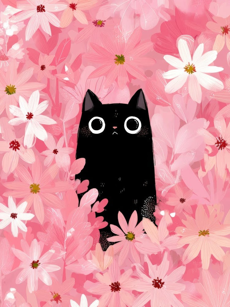 Black Cat In Pink Flowers 3