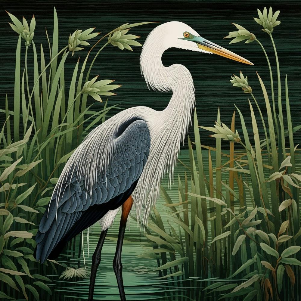 Ohara Koson Inspired Bird Painting Great Blue Heron 1 Square