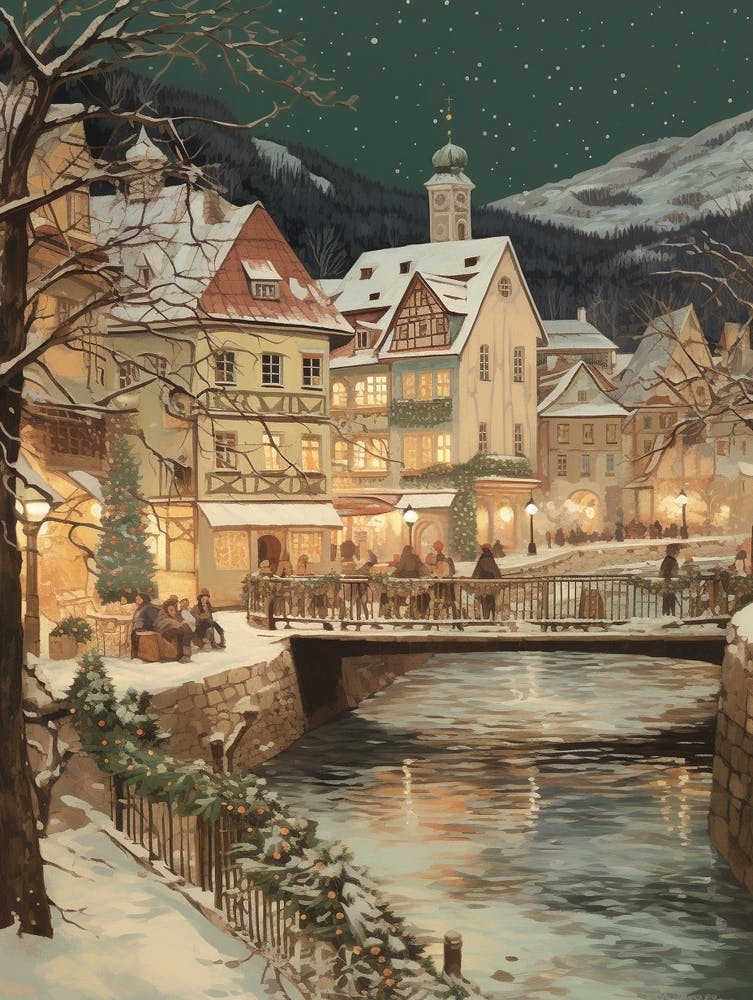 Vintage Winter Illustration Cesky Krumloy Czech Republic 5