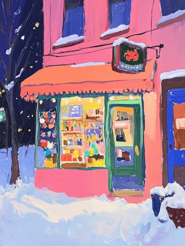 Convenience Store in Pink Gouache Painting