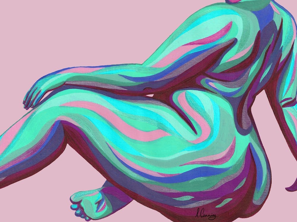 Curvy Nude Seated Woman In Pink & Cyan