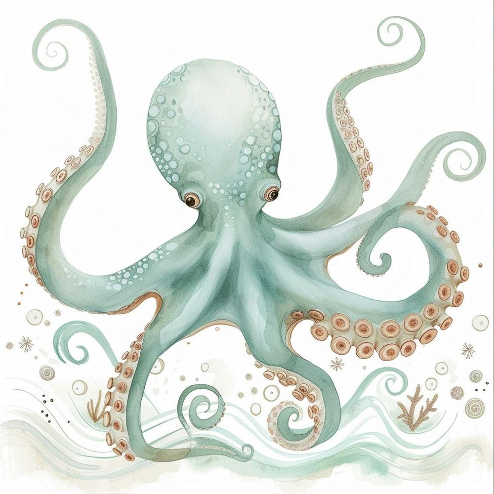Storybook Style Octopus With Waves 4