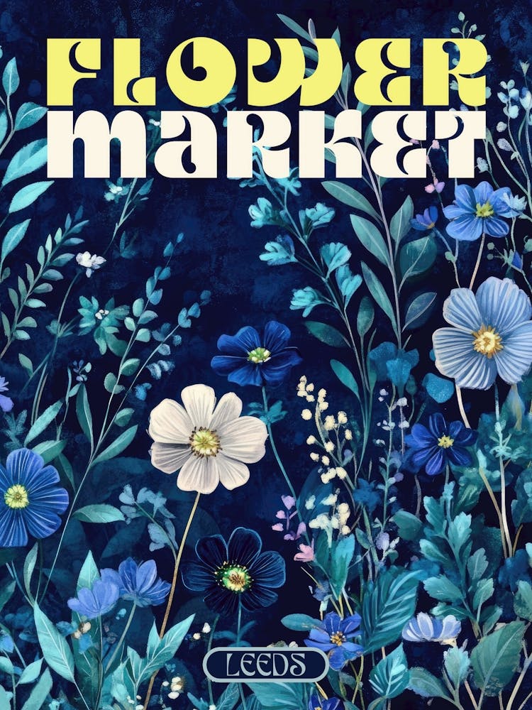 Leeds Stadt-Print Blumenmarkt-Poster in dunklem Blau, florale Illustration im Retro-Ästhetik mit 70er-Jahre-Typografie, Vintage-Reise-Prints perfekt für eklektische Wohnzimmer, Schlafzimmer, Küchen, Eingangsbereiche