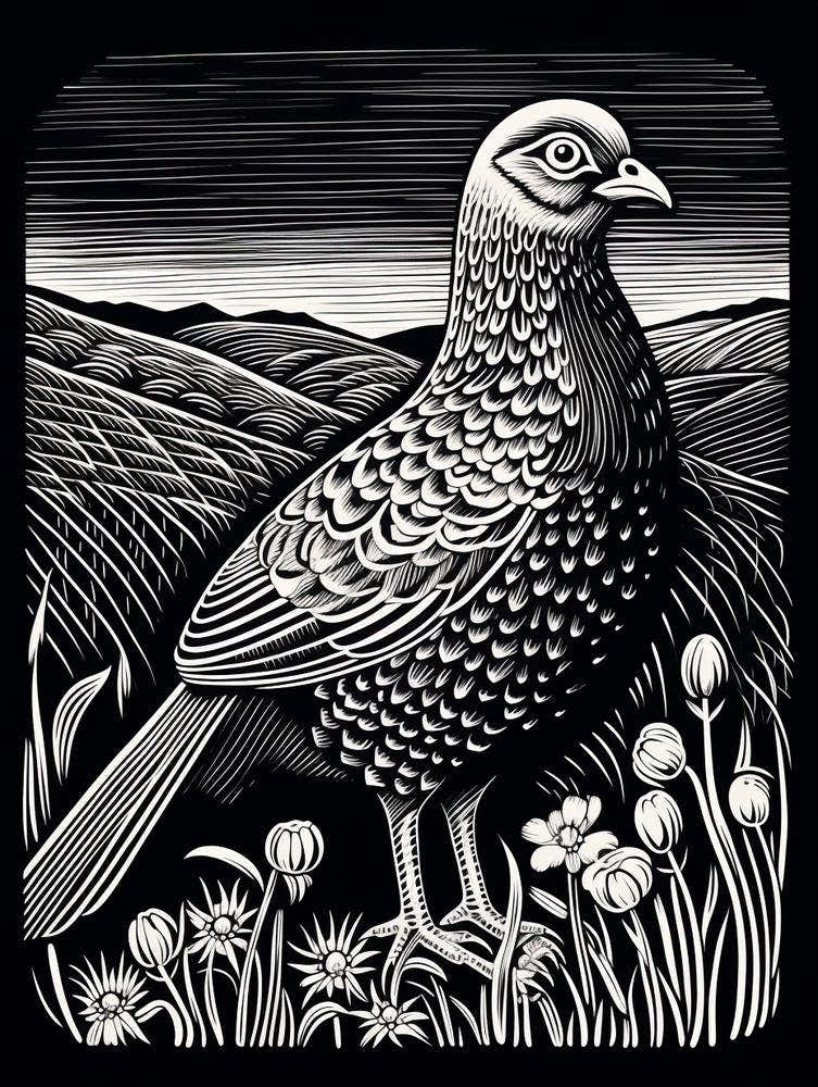 B&W Bird Linocut Grouse 3