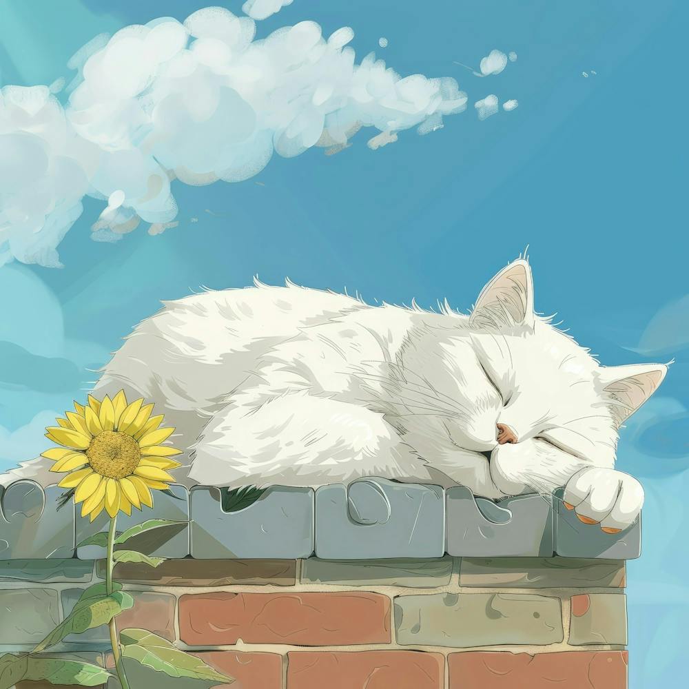 White Cat Sleeping On A Brick Wall