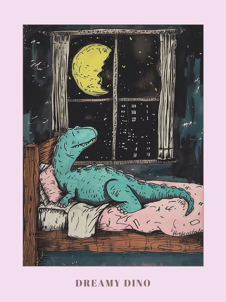 Dinosaur Snoozing In Bed At Night Abstract Illustration 3 Poster