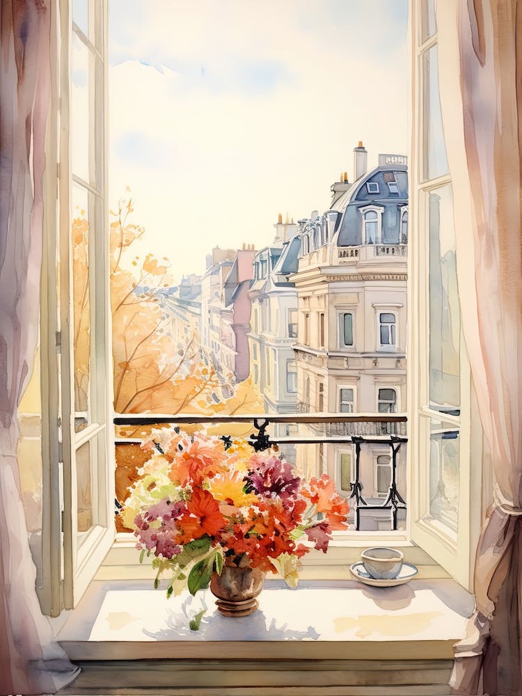 Window View Of Brussels Belgium In Autumn Fall, Watercolour 1