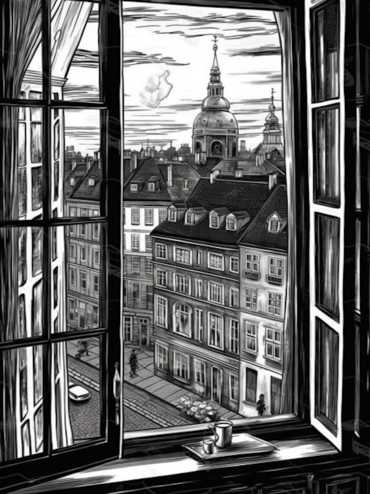 Window View Of Copenhagen Denmark   Black And White Colouring Pages Line Art 4
