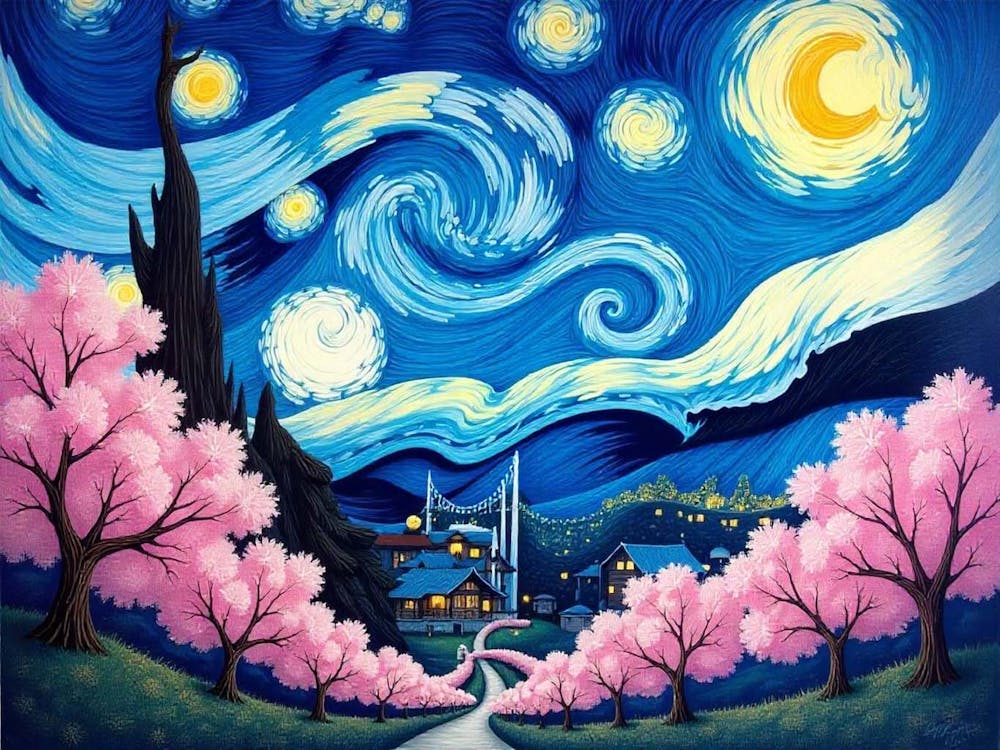 Starry Night With Cherry Blossoms