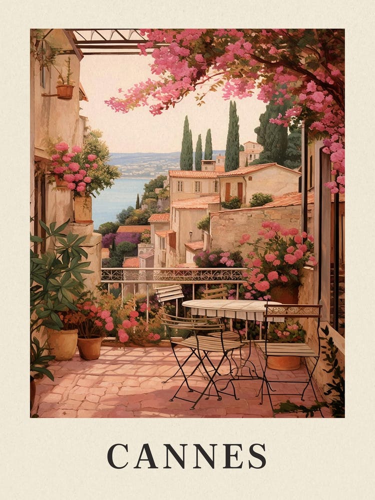 Cannes France 5 Vintage Pink Travel Illustration Poster