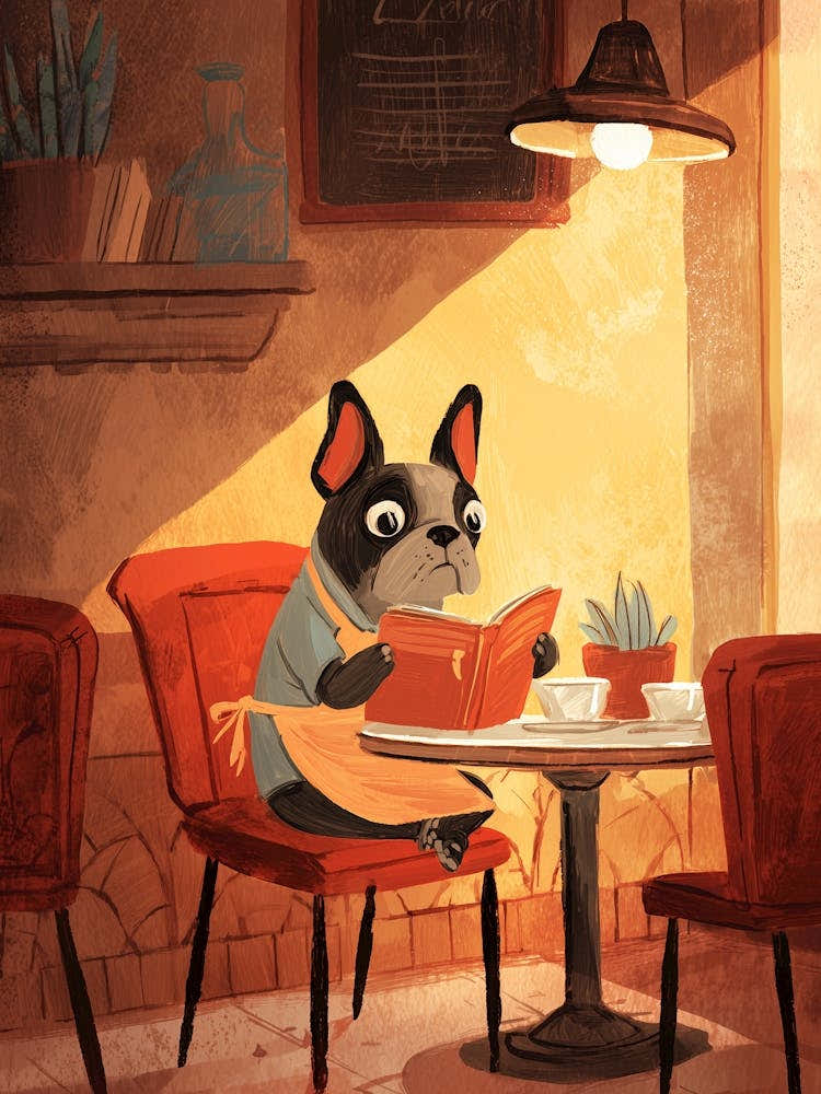 Cozy Barista Life - French Bulldog Reading A Book Alone In The Evening Light Of The Coffee Shop