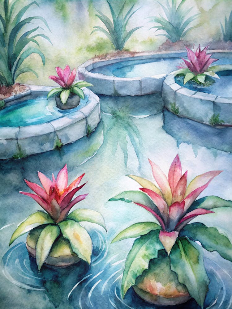7 Bromeliads With Water Pools At Their Center