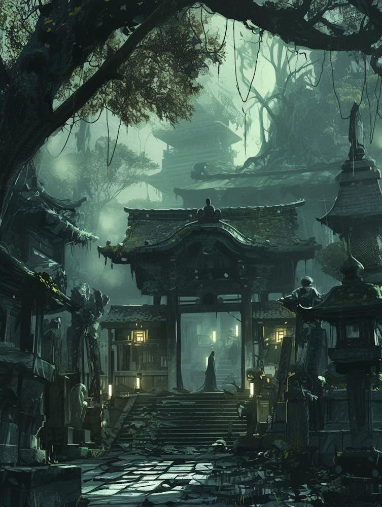 Anime Female Psychotic, Haunted, Detailed Painting, Misty Desolate Shrine In Nara With Shrine And Temple Background Complex, Cinematic Smooth, Sketch, Sharp Lines, Highly Detailed, Intricate Design, Fine Lines