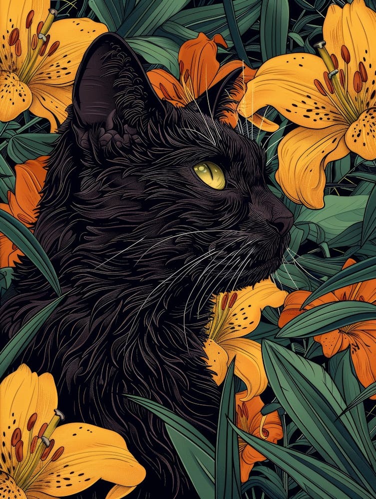 Chat noir aux lys 1