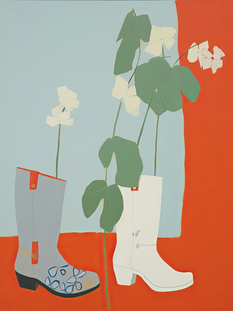 A Painting Of Cowboy Boots With Daisies Flowers, Pop Art Style 3