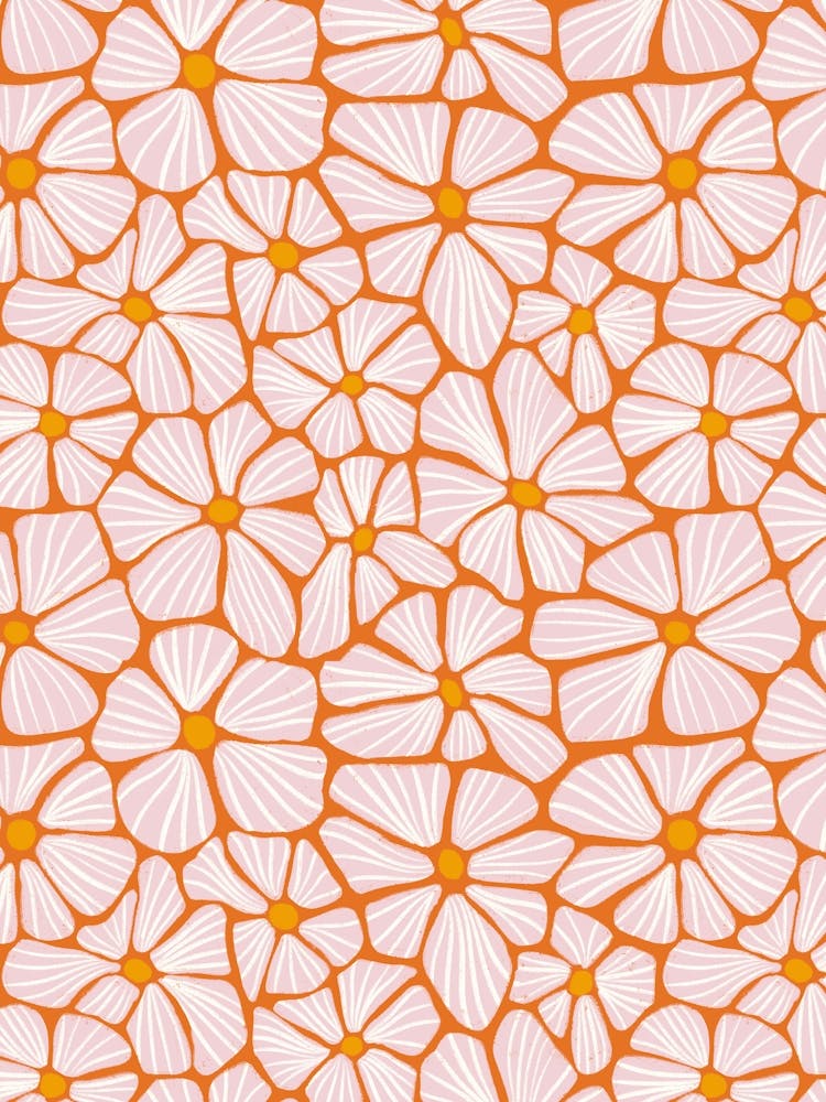Mosaïque Florale de Fleurs Texturées Épanouies - Orange, Rose Pastel, Or