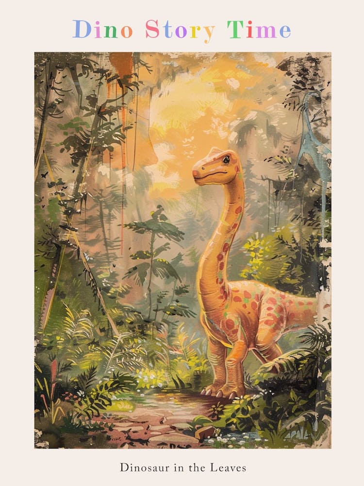 Dinosaur In The Leaves Vintage Storybook Painting Poster