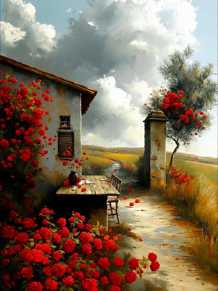 Red Roses Abloom at the Old Farmhouse | Country Living Dreamscape Painting Gallery Wall European Countryside