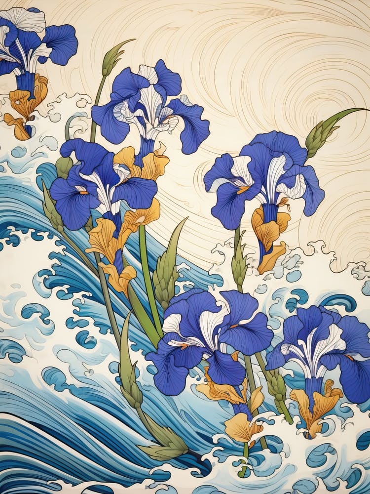 Great Wave With Iris Flower Drawing In The Style Of Ukiyo E 4