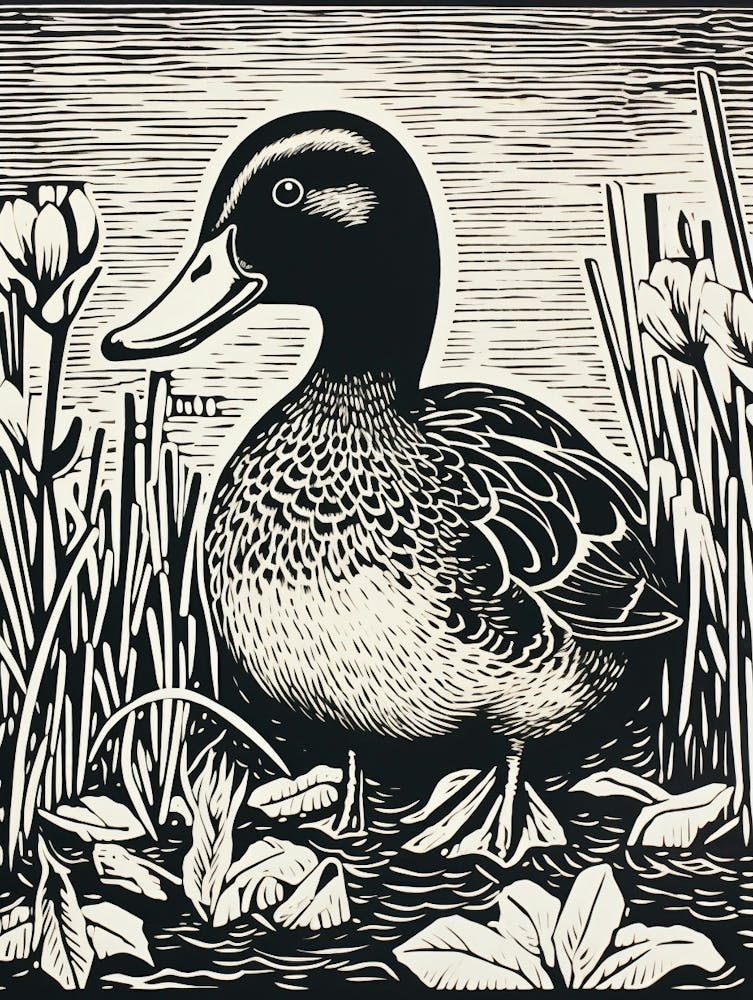 B&W Bird Linocut Mallard Duck