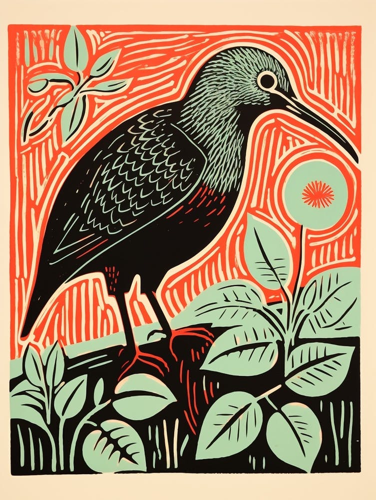 Linogravure d'Oiseau Vintage Kiwi 4