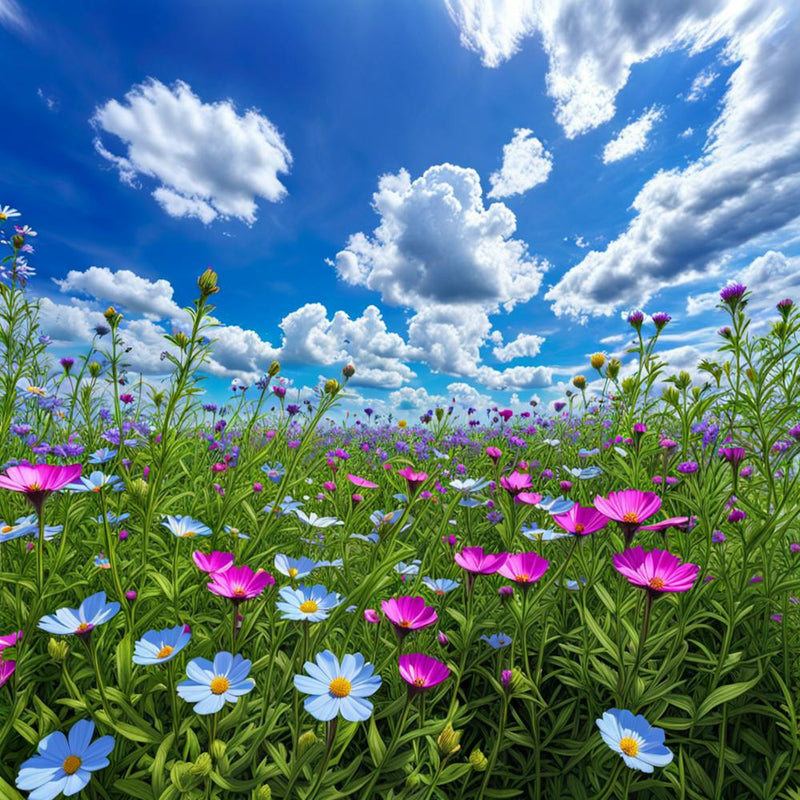 Blumenfeld mit blauem Himmel und Wolken