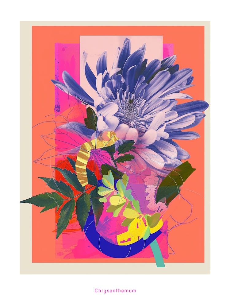 Chrysanthemum 4 Neon Flower Collage Poster