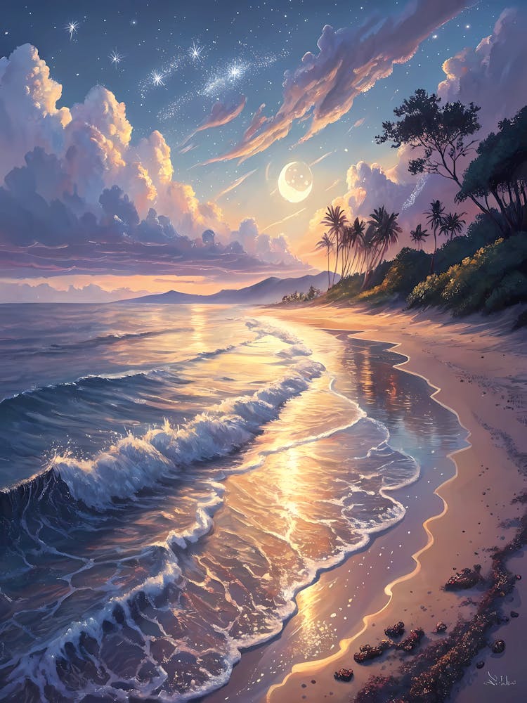 Serene Twilight Beach Oil Painting