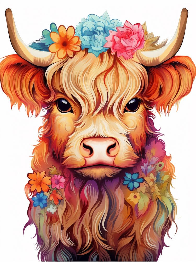 Floral Digital Illustration Of Baby Highland Cow