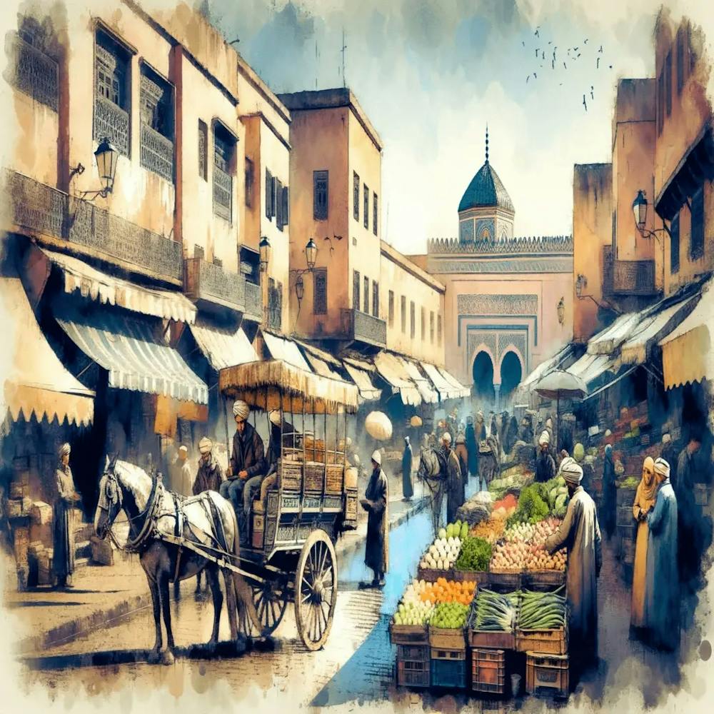 Watercolor 20th Century Moroccan Market