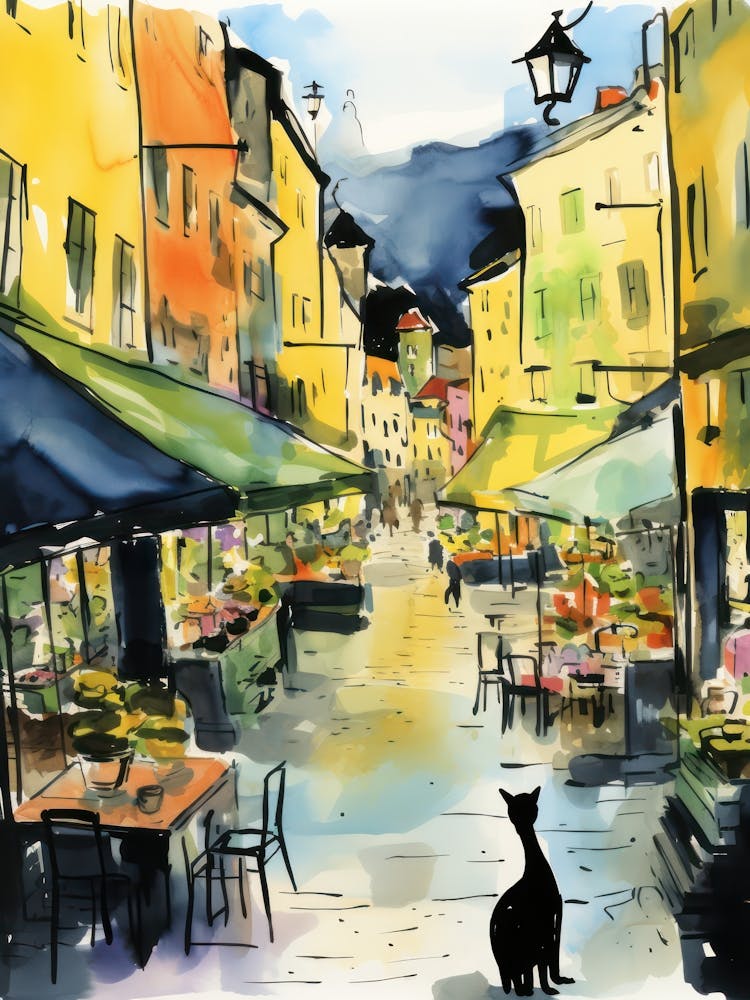Food Market With Cats In Stockholm 3 Watercolour