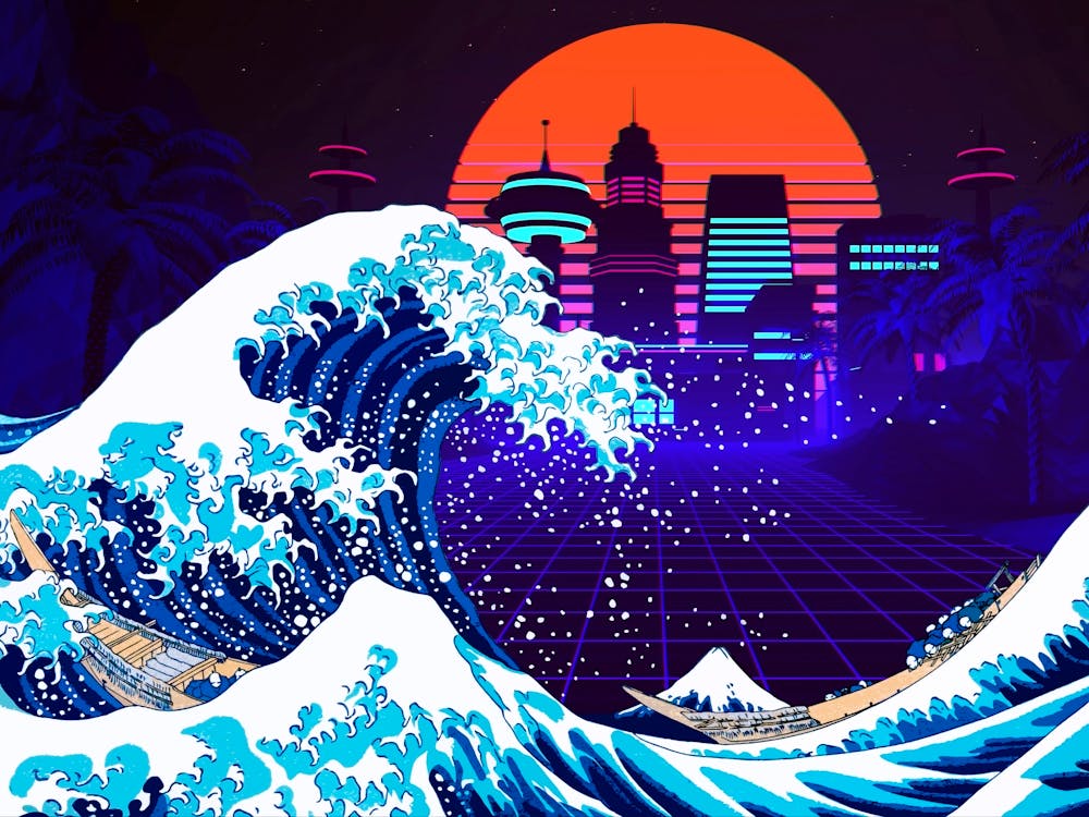 Synthwave Space: The Great Wave off Kanagawa & City [synthwave/vaporwave/cyberpunk] — aesthetic poster, retrowave poster, neon poster