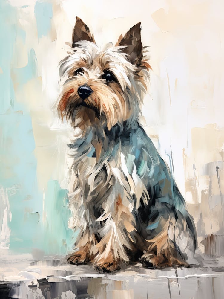 Yorkshire Terrier Dog, Painting In Light Teal And Brown 2