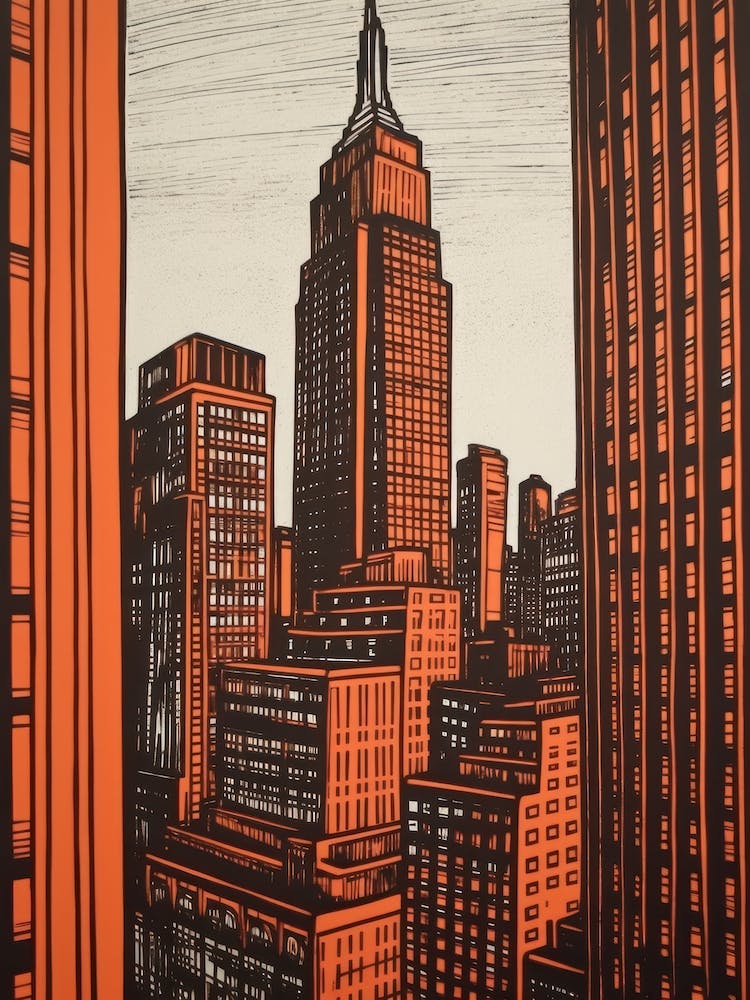 Empire State Building New York City, United States Linocut Illustration Style 1
