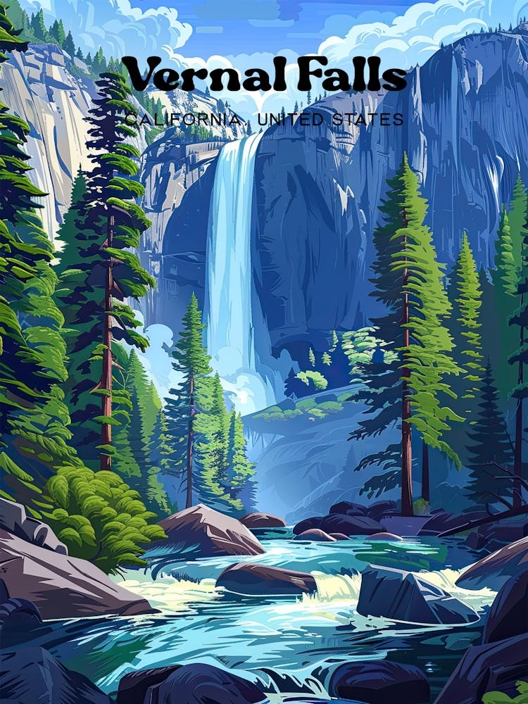 Vernal Falls Yosemite National Park Digital Travel Illustration