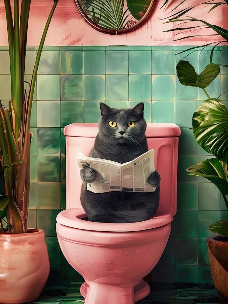 Grey Funny Cat Toilet Print, Trendy Bathroom Cat Print, Funny Toilet Posters, Funny Cat Poster, Funny Wall Art For Bathroom Decor Home Decor