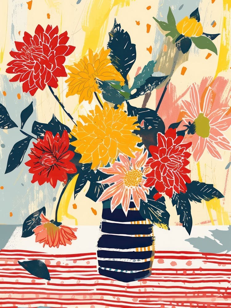 Dahlia Flowers On A Table   Contemporary Illustration 1