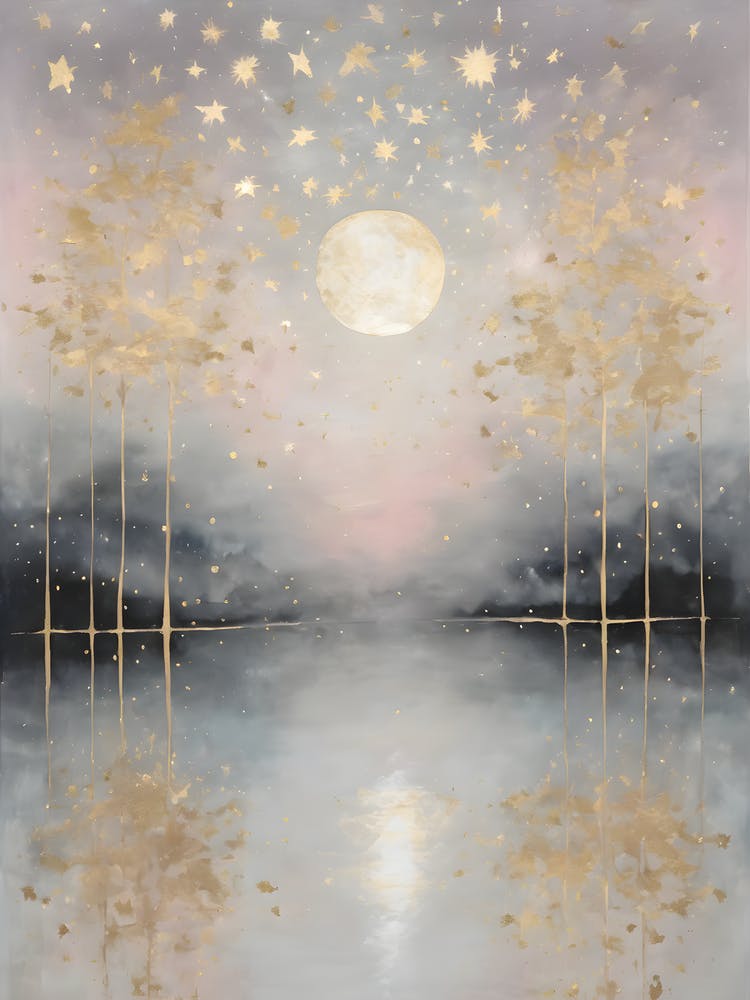 Wabi Sabi Dreams Collection 8 - Japanese Minimalism Abstract Moon Stars Mountains and Trees in Pale Neutral Pastels And Gold Leaf - Soul Scapes Nursery Baby Child or Meditation Room Tranquil Paintings For Serenity and Calm in Your Home