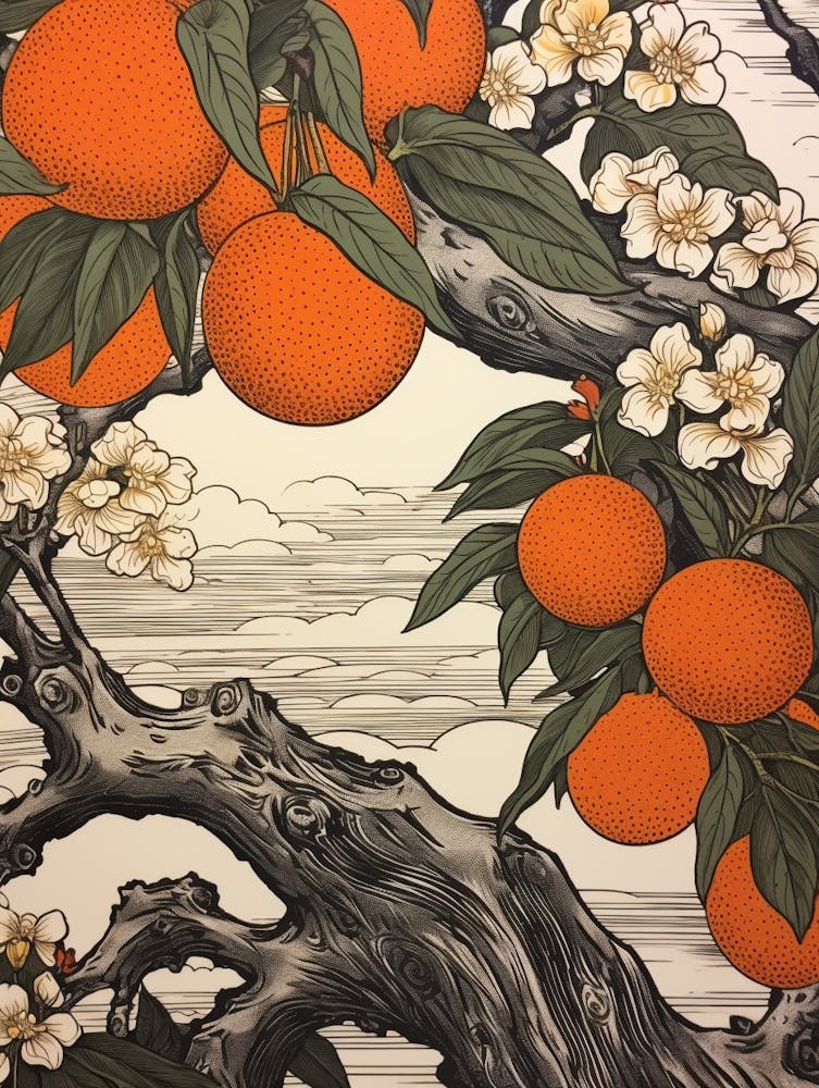 Tachibana Mandarin Orange 1 Vintage Botanical Woodblock
