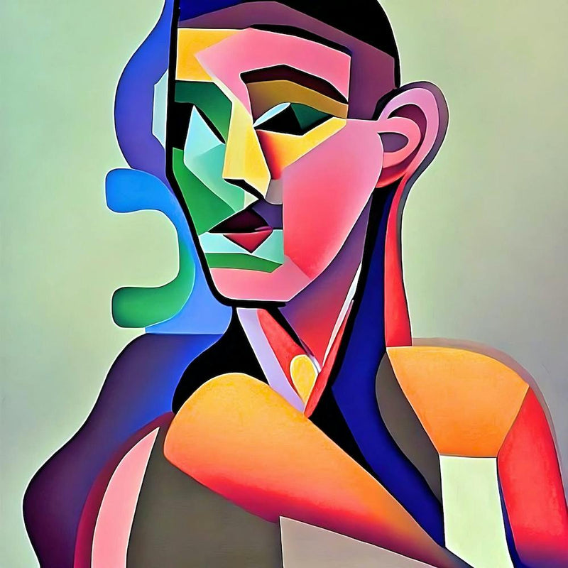 Cubist style portrait of a young woman.