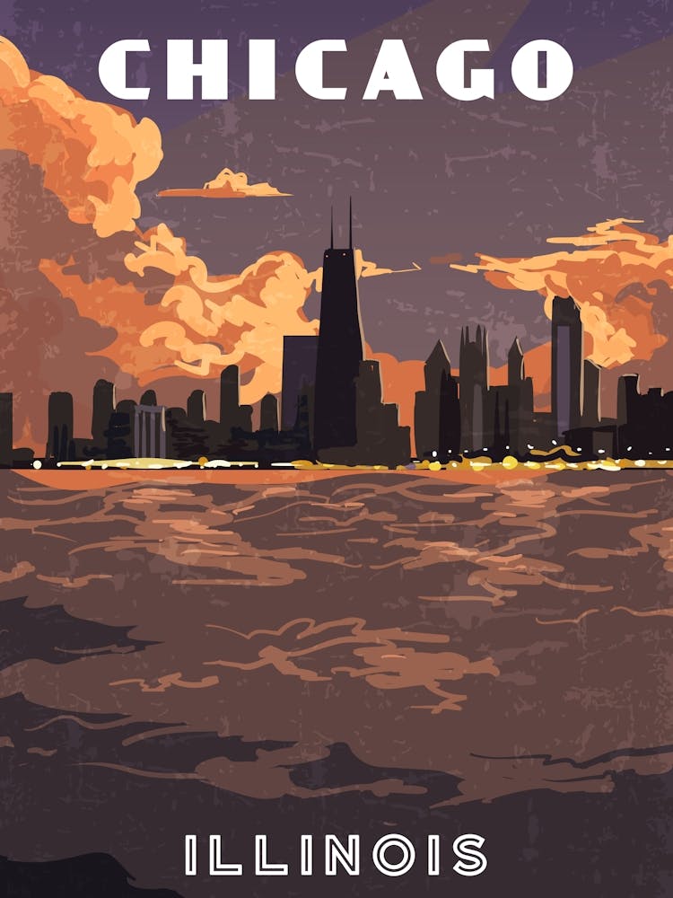 Chicago, Illinois, USA. Sunset — Retro travel minimalist poster