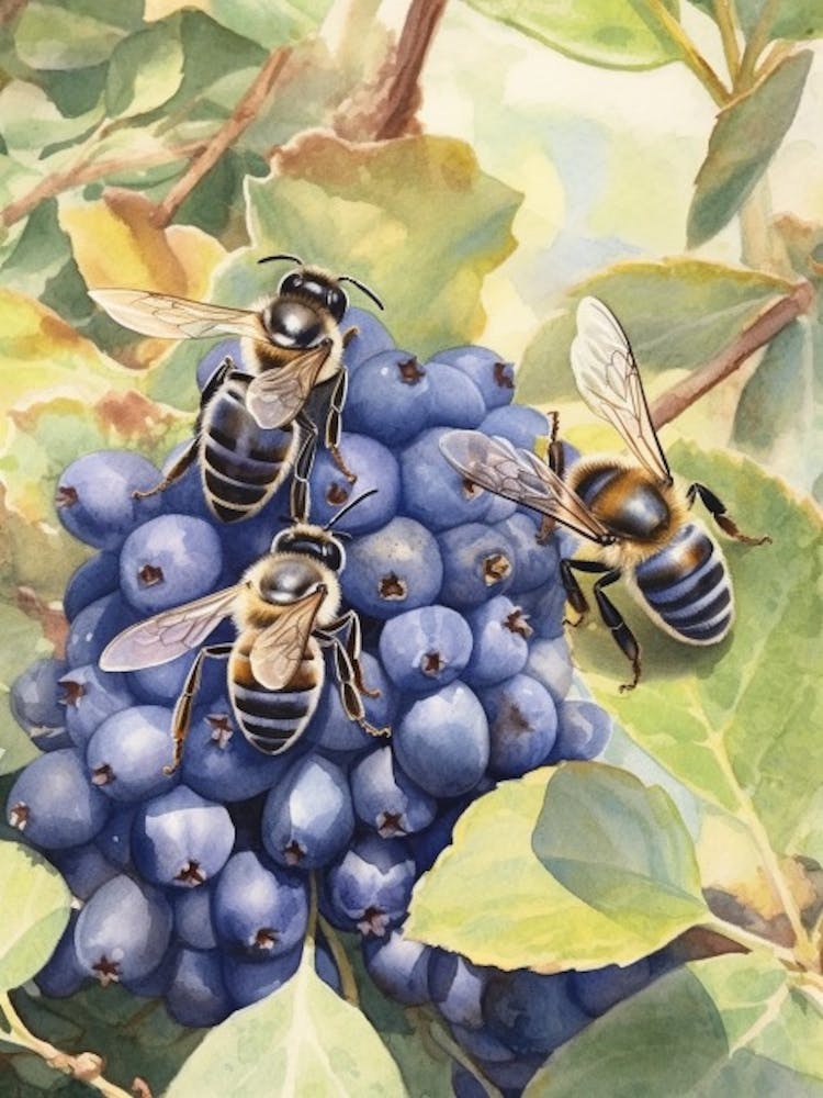 Blaubeere Biene Bienenstock Aquarell Illustration 3