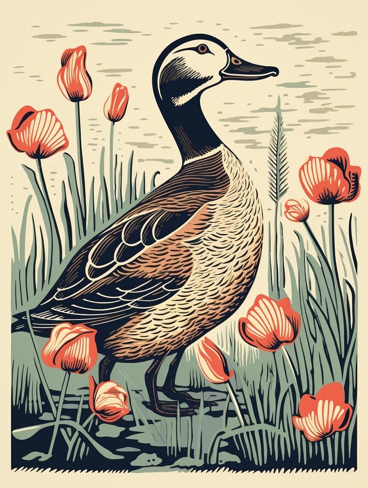 Vintage Bird Linocut Duck 2