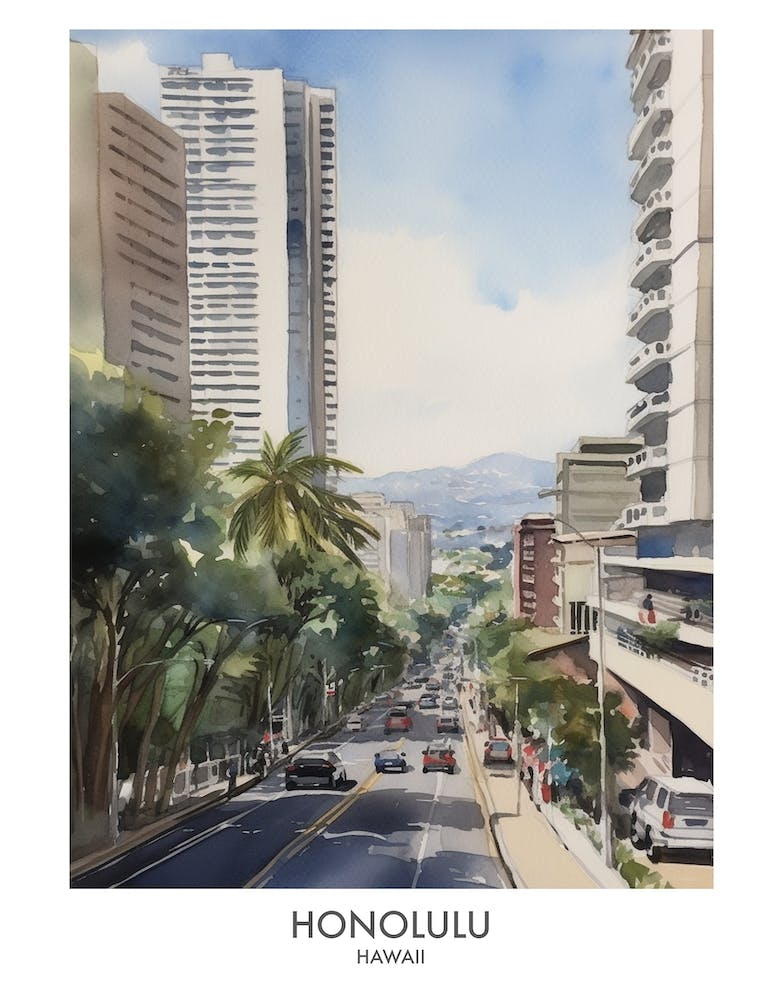 Honolulu 3 Aquarell-Reiseposter