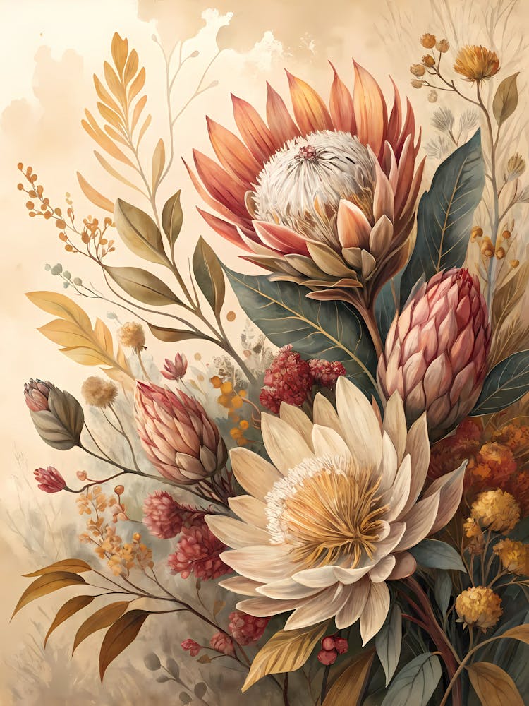 Oil Painting Style Botanical Floral Burst In Warm