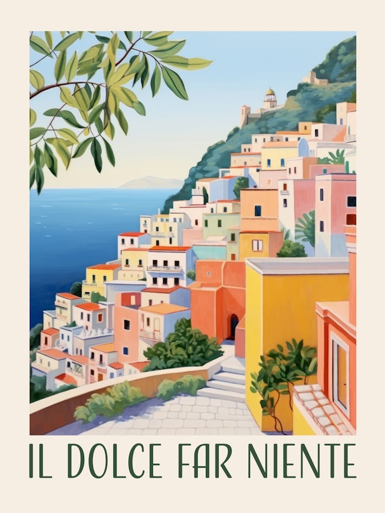 Il Dolce Far Niente. Italian Quote with Gouache Landscape. Vintage Travel