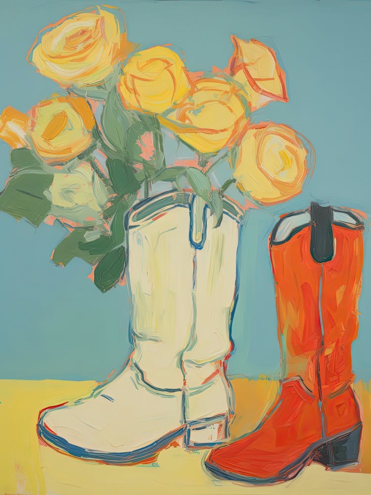 Painting Of Yellow Flowers And Cowboy Boots, Oil Style 14