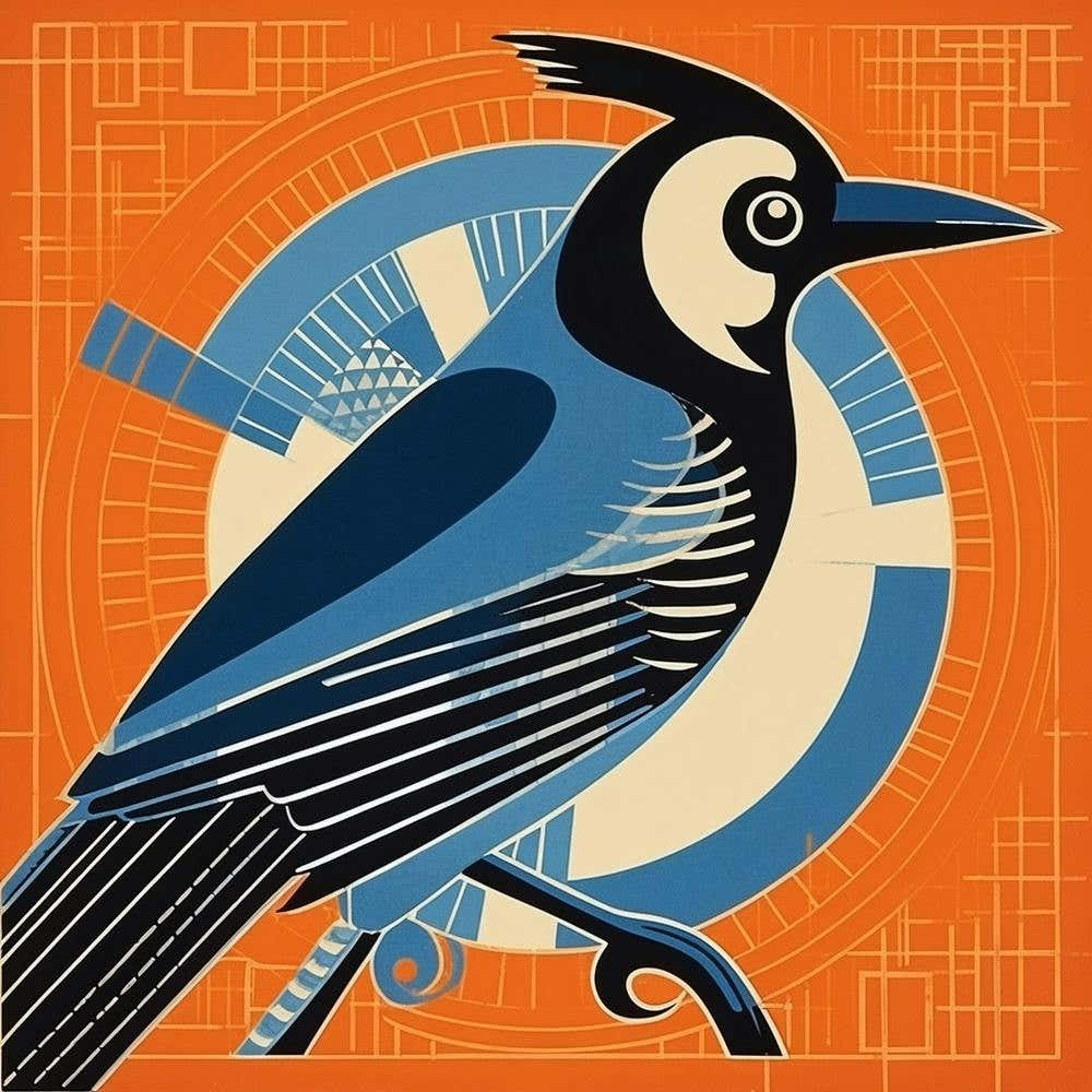 Retro Bird Lithograph Blue Jay 2