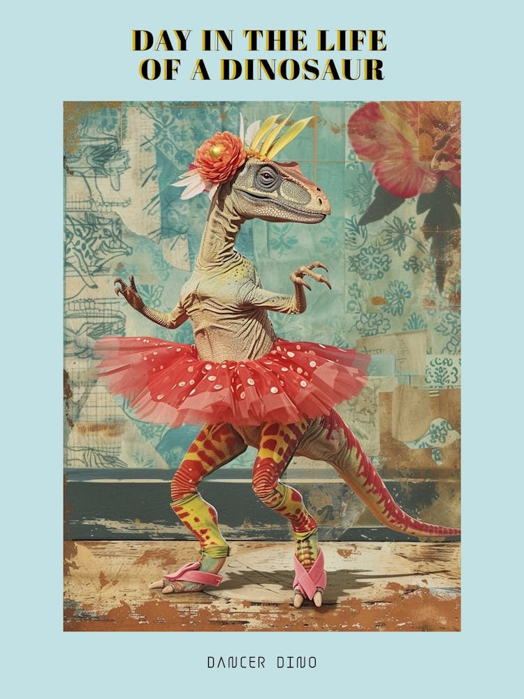 Dinosaur In A Tutu Retro Collage 1 Poster