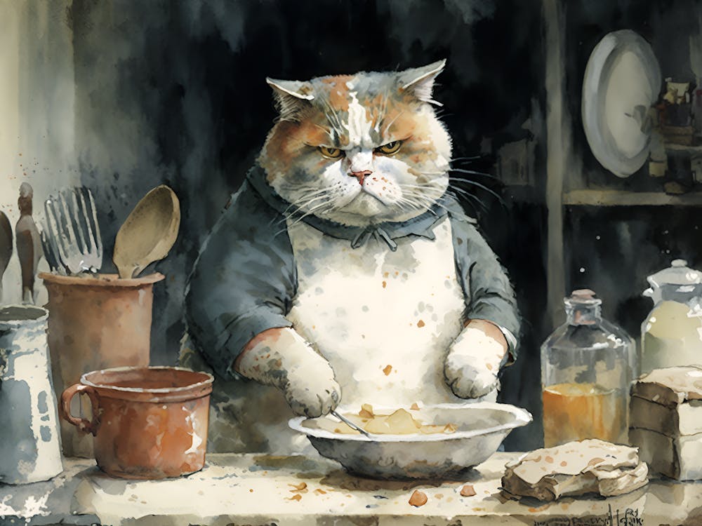 Watercolor Cat Baking In The Kitchen